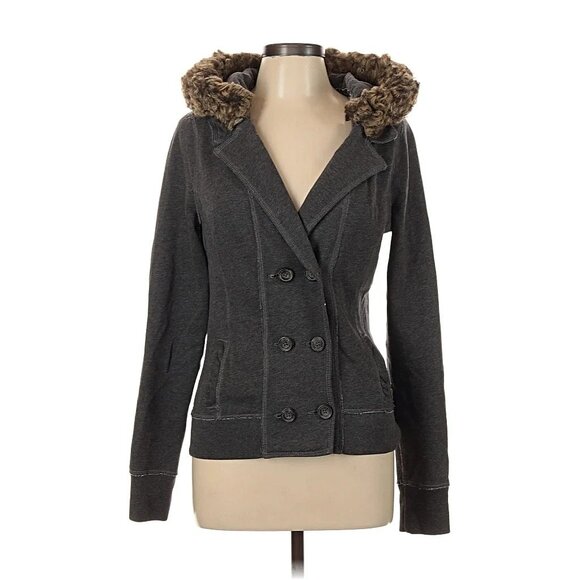 Vtg Y2K Abercrombie Gray Faux Fur Trim Hoodie Jacket | Grunge Streetwear Preppy - Picture 2 of 10